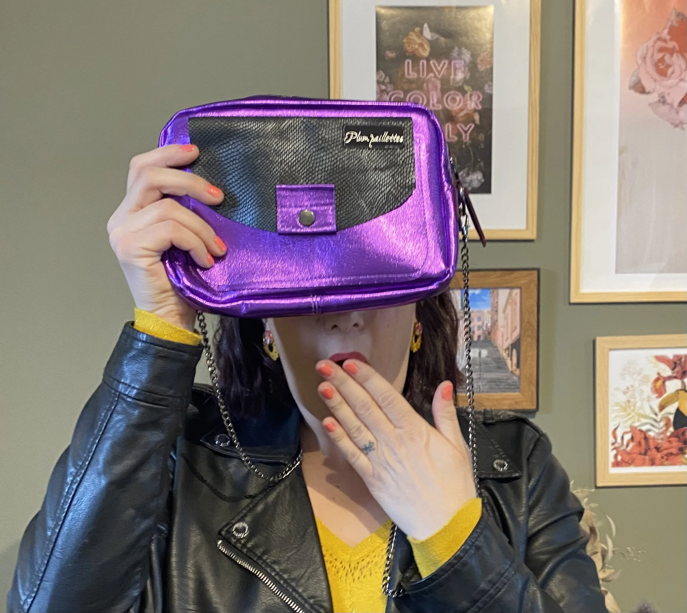 sac en cuir métallisé plum paillettes
